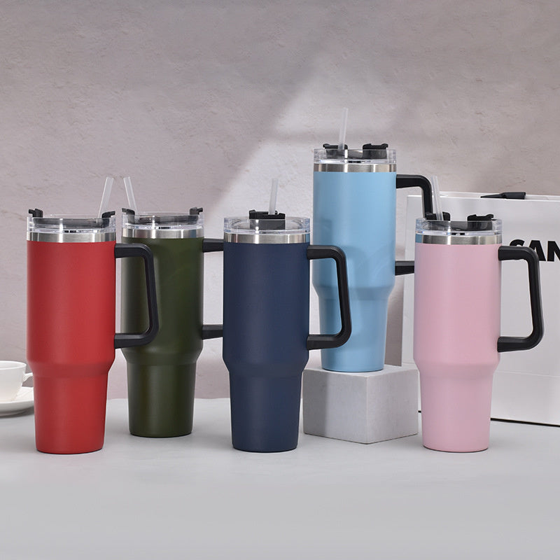 40oz Handle Car Cup with pipette stainless Steel insulated Cold beer cup portable ice cup with handle; Insulated Reusable Leakproof Stainless Steel Water Bottle Travel Mug Iced Coffee Cup